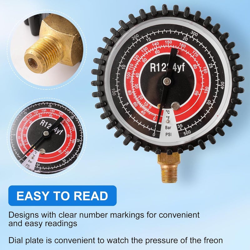 Tigbear R1234YF Refrigeration Pressure Gauge, High and Low Manifold Gauge Kit with 1/8" Male NPT Lower Mount, 500 PSI, 80mm R1234YF Air Conditioning Refrigerant Recharge Pressure Gauge - Image 4